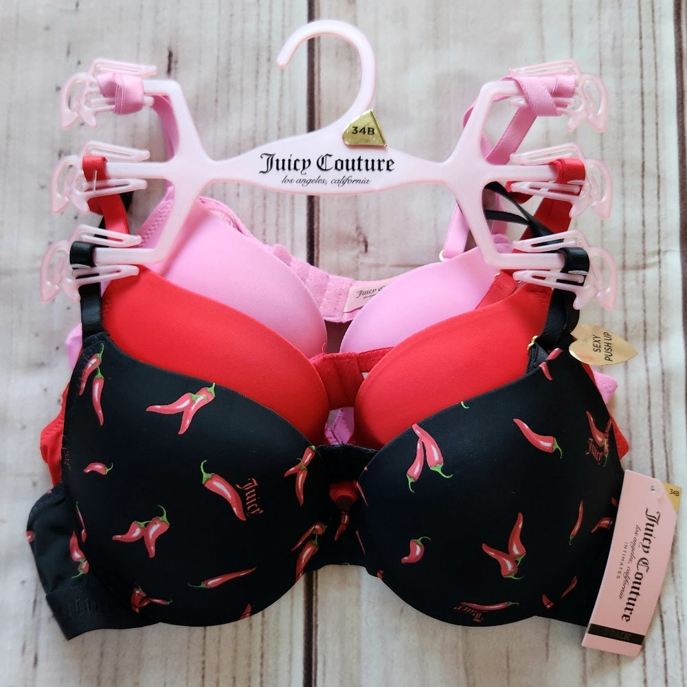 NWT Juicy Couture Pushup Bra Pack Set Of 3 Black Red, Women's Size 34B